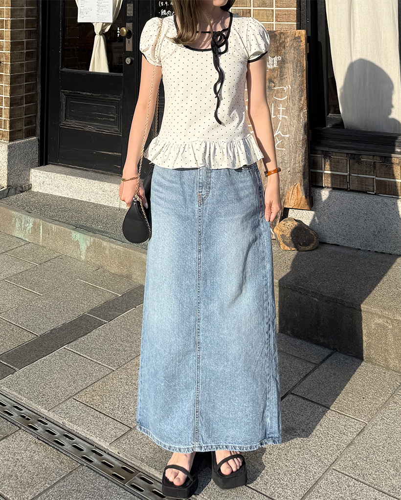 Hラインウエストゴムロングデニムスカート