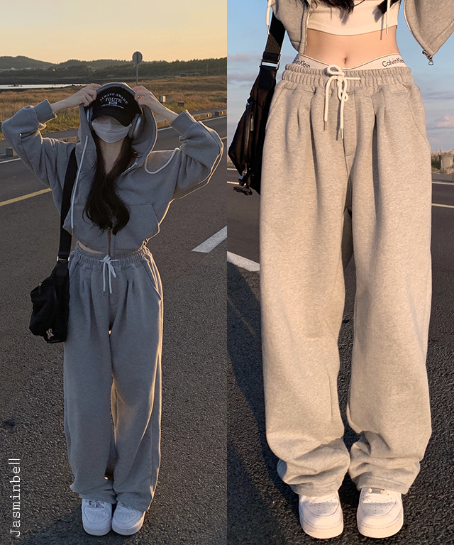 SET]2WAYセミクロップドパーカー+タック入りトレーニングパンツ