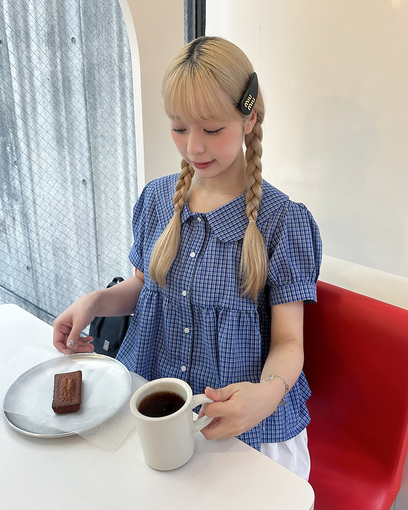 ラウンドカラーチェック半袖ブラウス