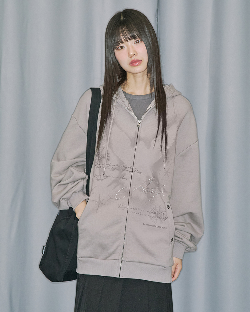 Angel Stud Overfit Hood Zip-Up - BEIGE BROWN