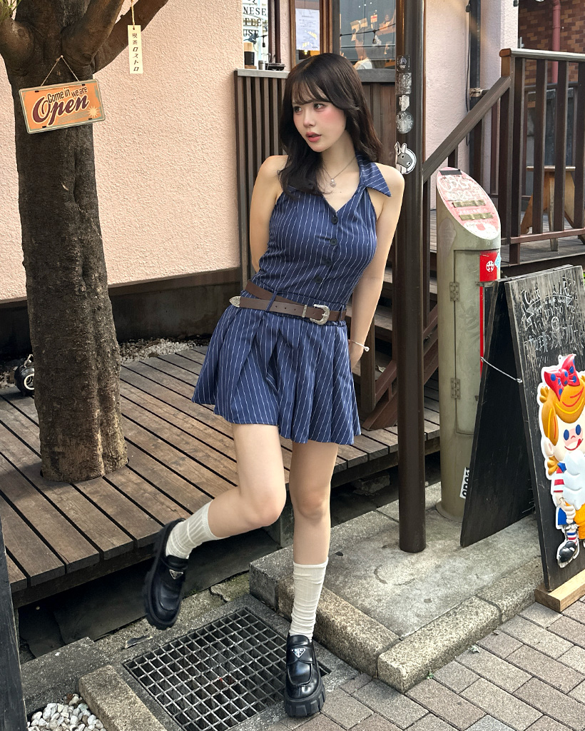 ベルトセット)ピンストライプホルターミニワンピース