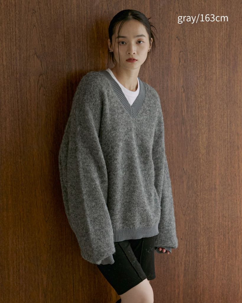 ハンドウォッシャブル】ウール混リブ異素材起毛Vネックニット