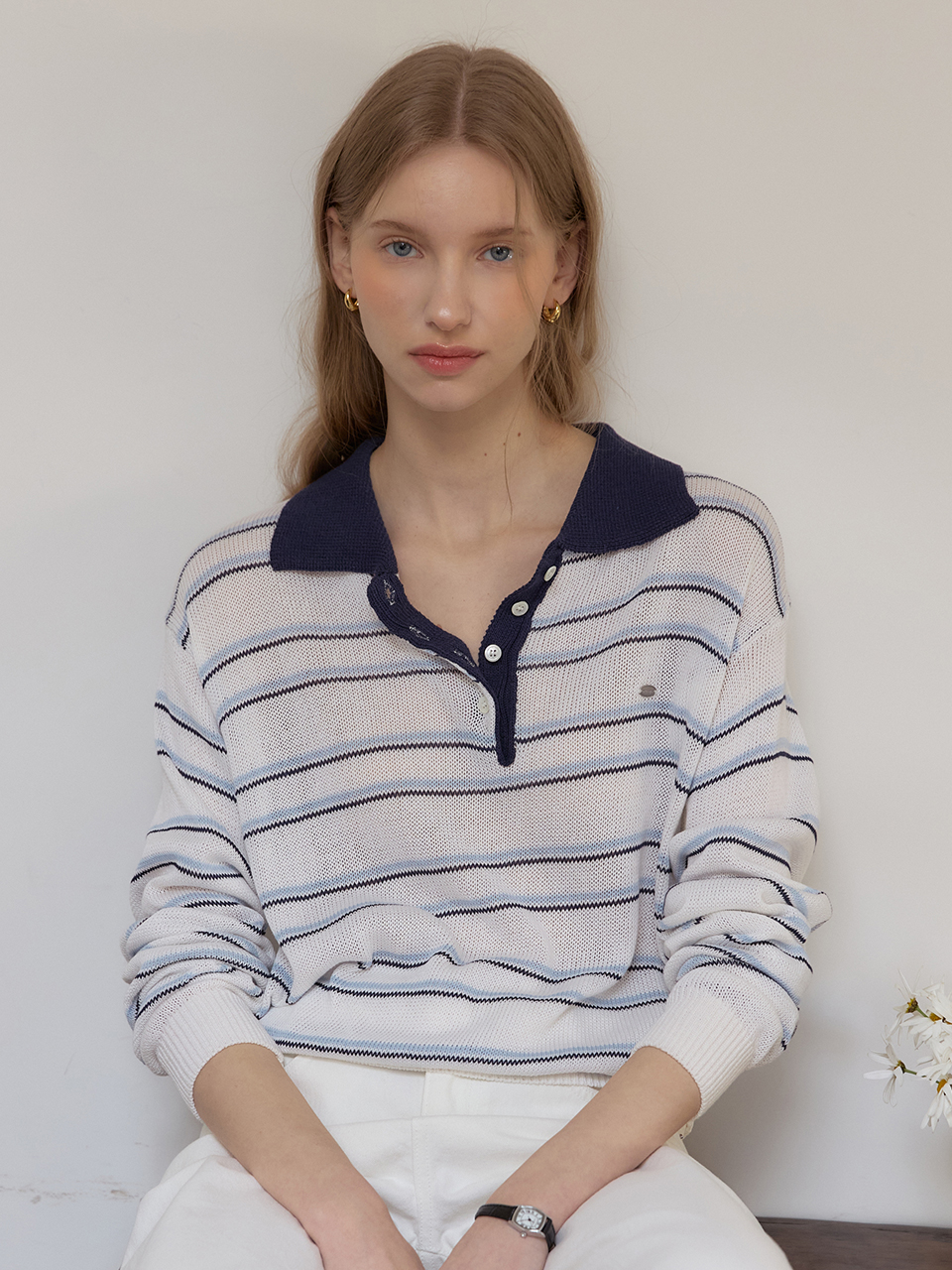 Linen Stripe Logo Collar Knit - Navy
