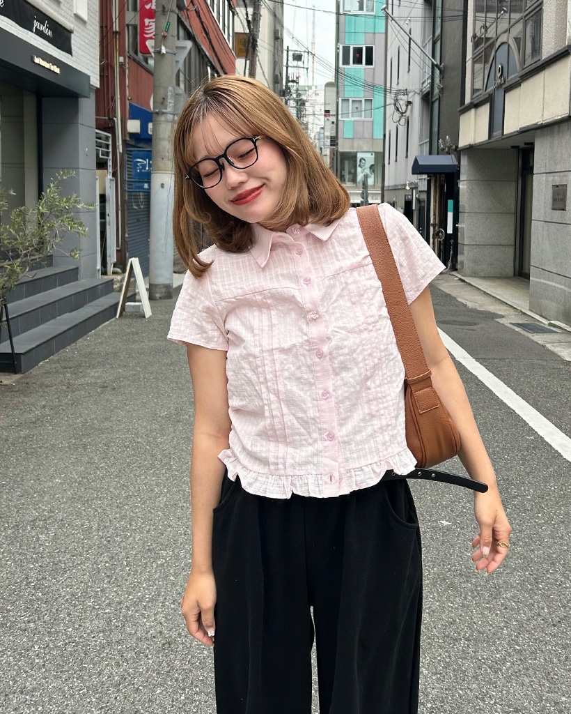 チェックピンタックポイント半袖ブラウス