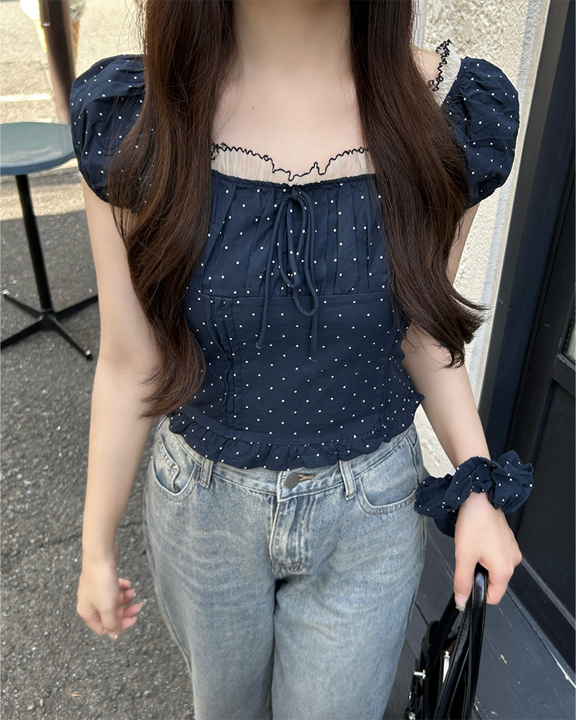 OHGA ハプスリーブ　ツイード　ブラウス　ネイビー セット）ドットパフブラウス・シュシュ | ファッション通販