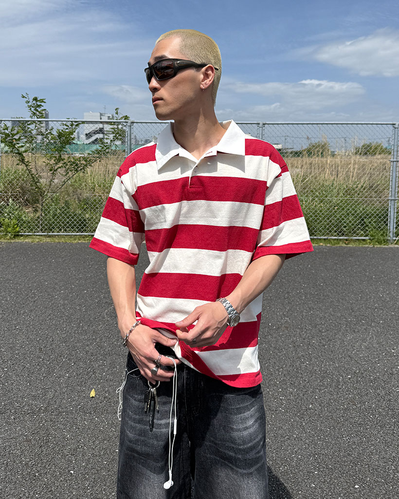 ボーダーラガーカラーTシャツ