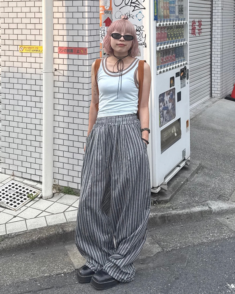ワイドレッグパンツ ストライプ ルーズ ユニセックス 韓国 ユニセックス)ストライプワイドストリングパンツ | ファッション