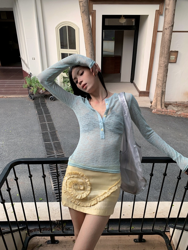ミント色グリーンボタンシースルー長袖Tシャツ | ファッション通販