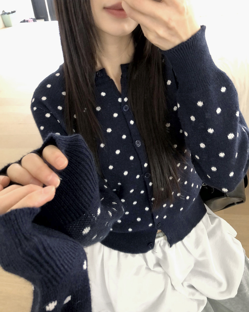 (5 color) ドット柄 クルーネック ニットカーディガン