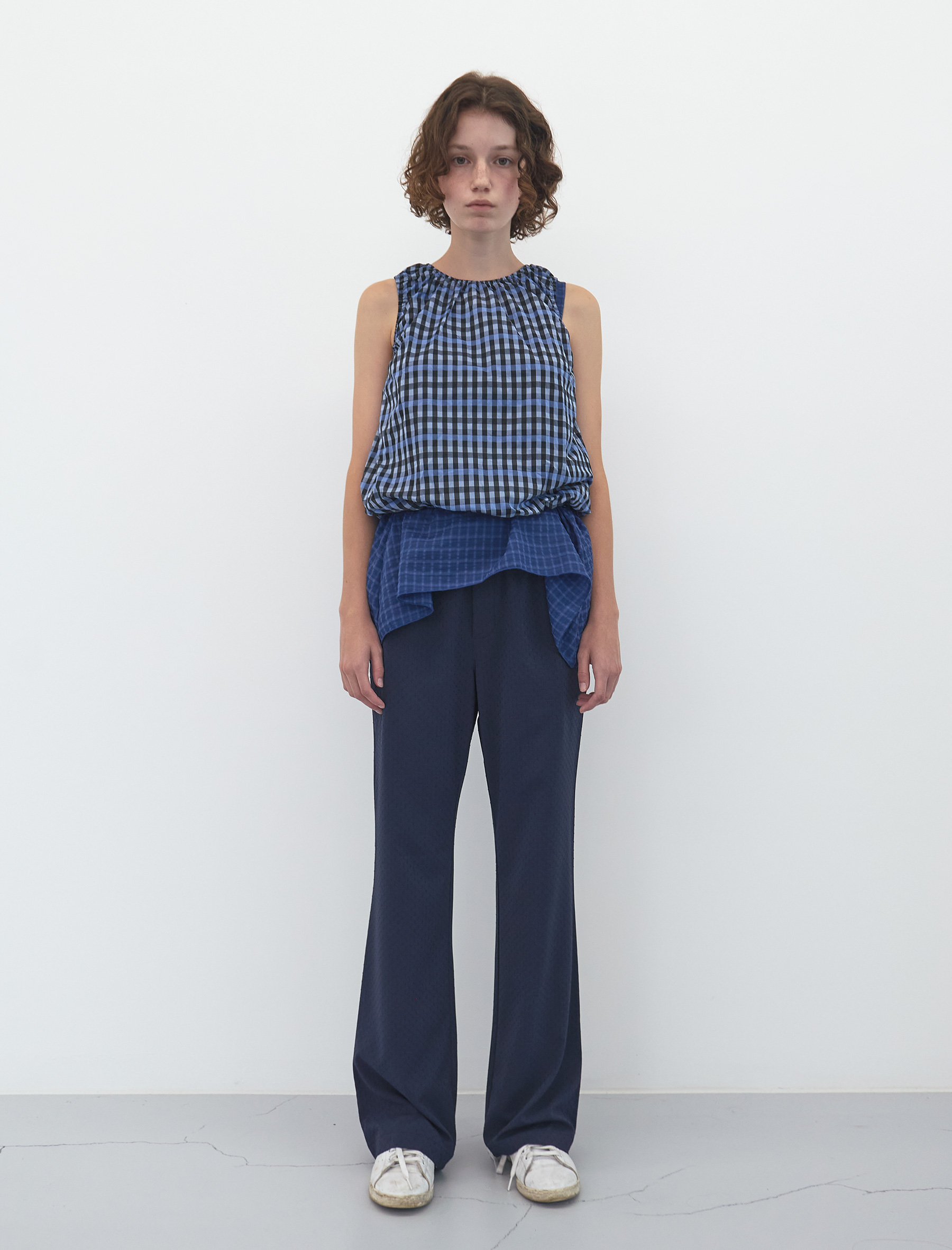 Pinch Dotted Banding Bootcut Pants (Navy)