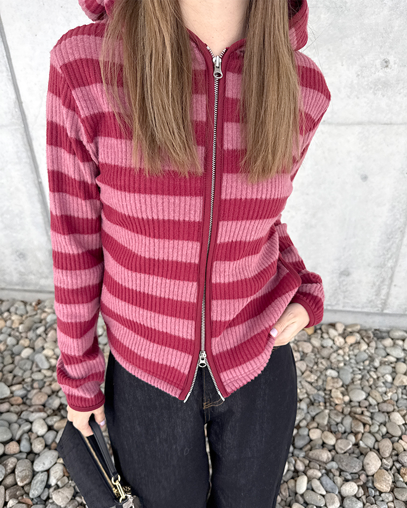 リブボーダーフードジップアップ