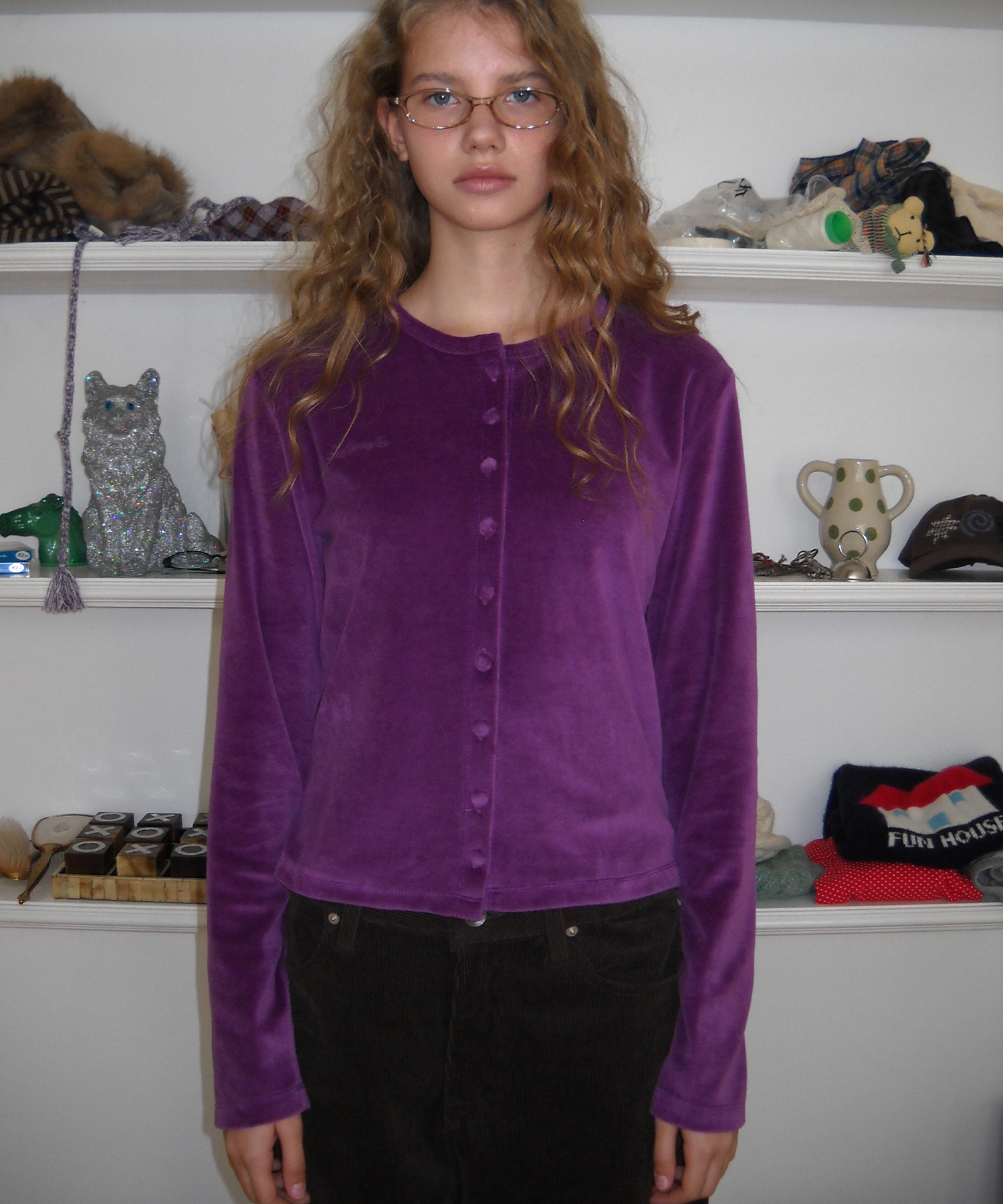 Buttons Velour Cardigan, Purple