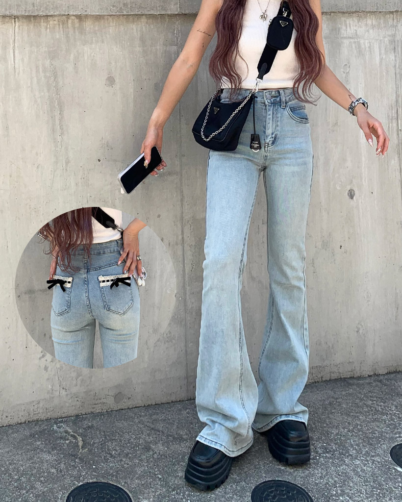 【RANCLIC】 リボン付きライトブルーブーツカットデニム BEST SELLER】side slit denim ribbon pants – RANCLIC