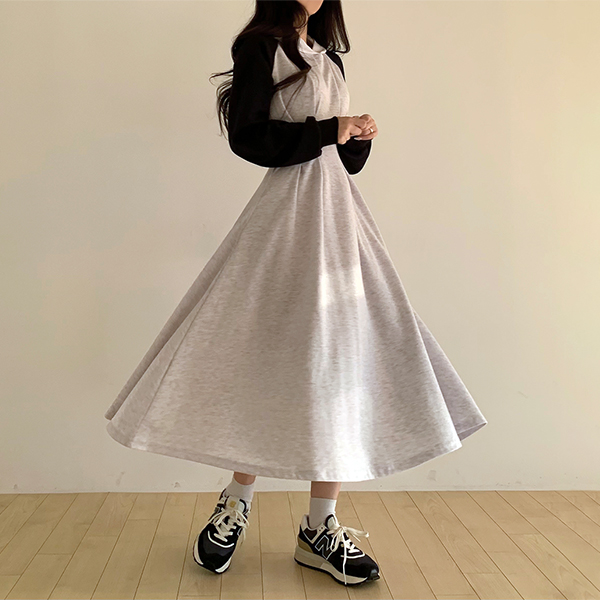 バイカラーAラインフード付きロングワンピース | ファッション通販