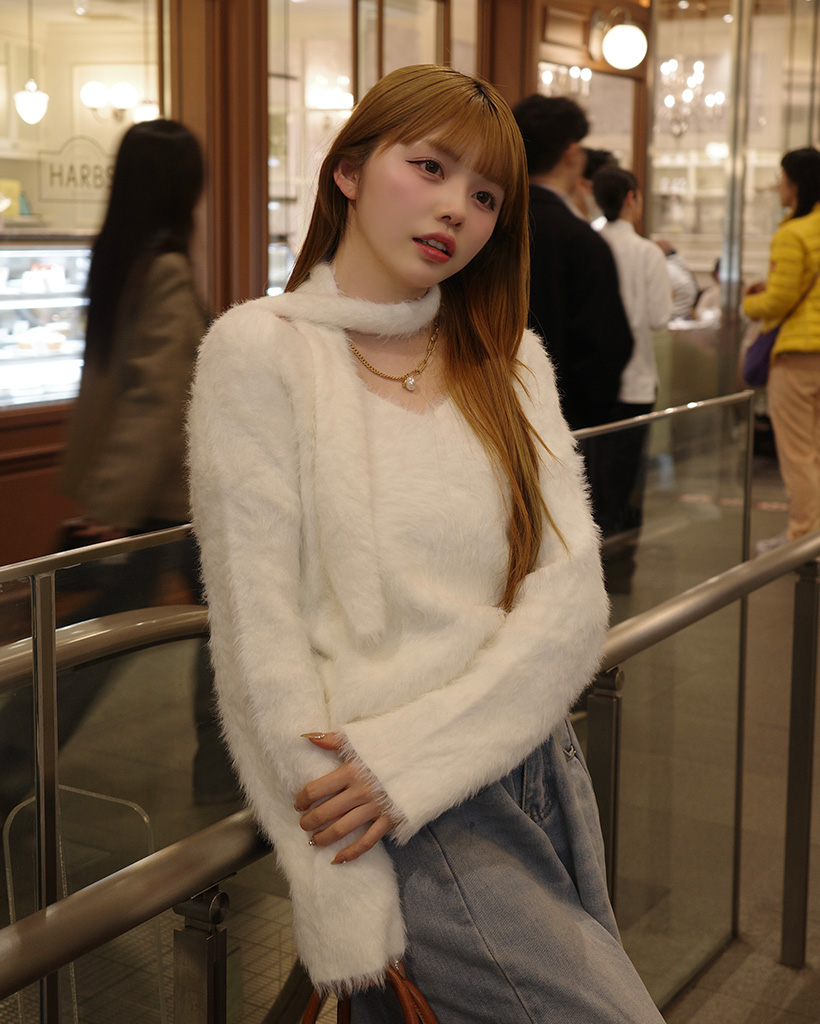 Vネックルーズフィットニット＆スカーフセット