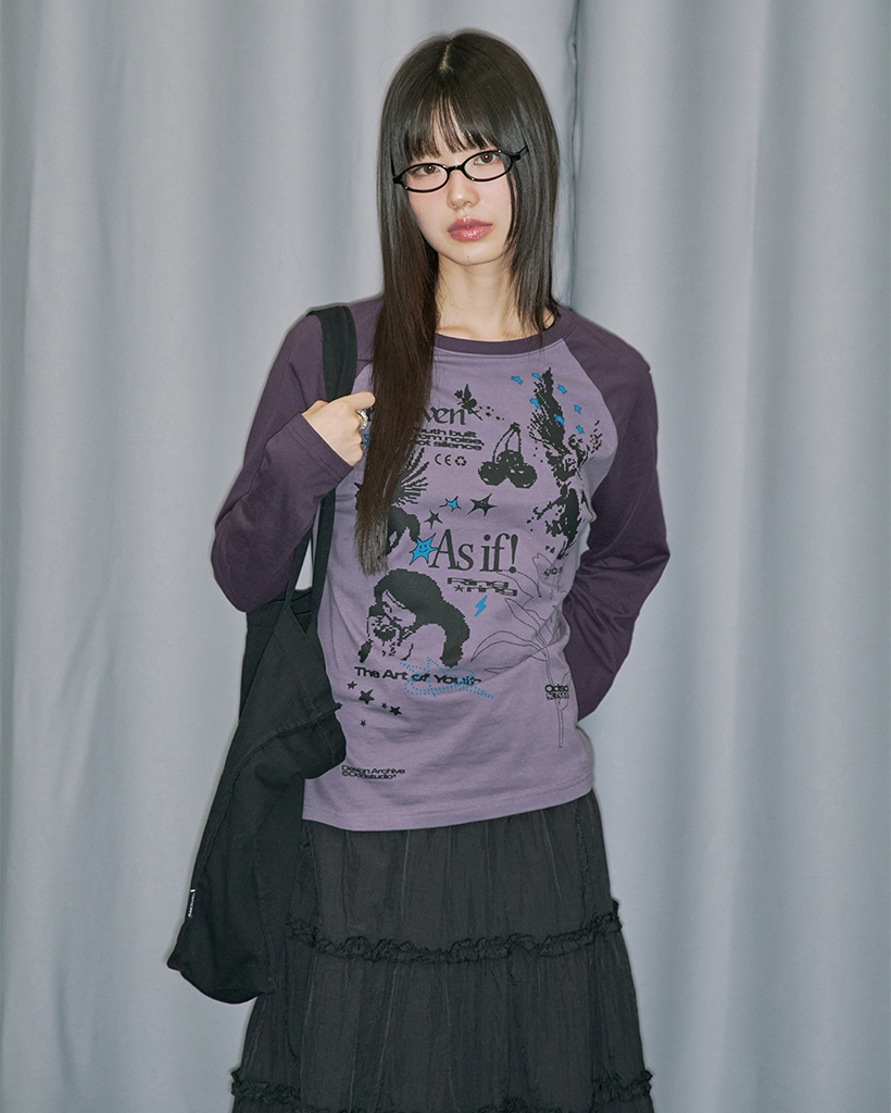 Kitsch Stamp Pintuck Raglan Long Sleeve - GRAY PURPLE