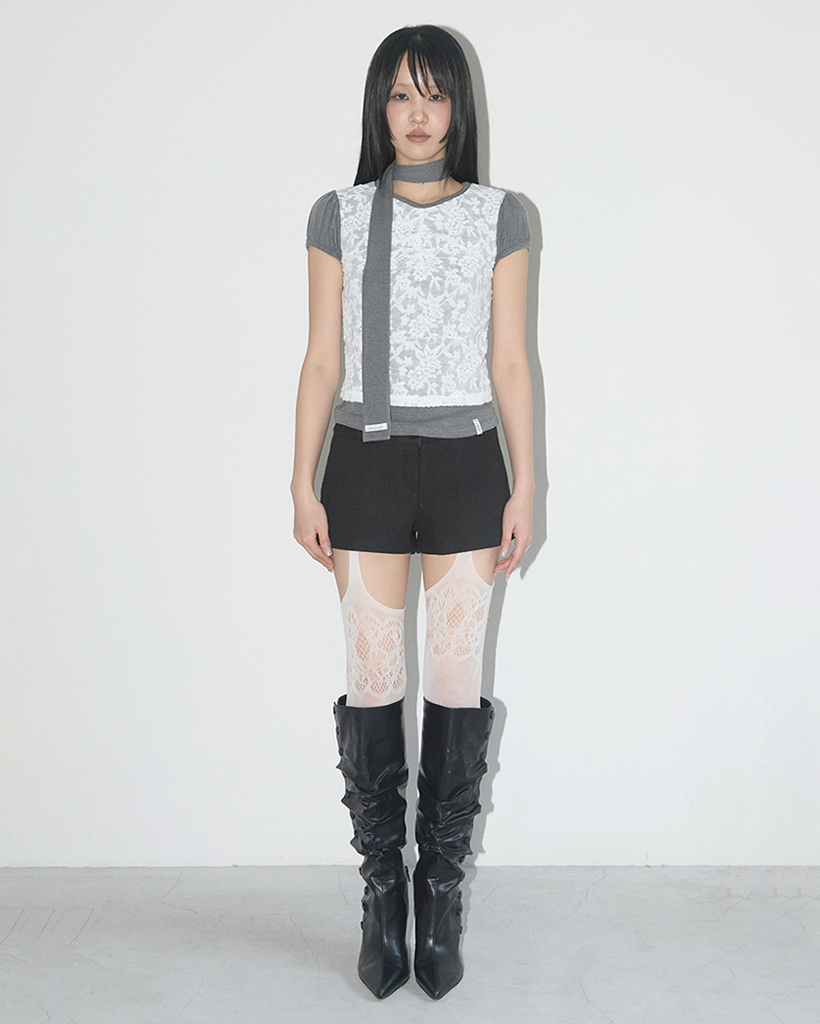 [FANCY CLUB] LACE SHIRRING TOP & SCARF F25QB087 /追跡付 Influencer pick] Lace Shirring Top & Scarf (Black) F25QB087