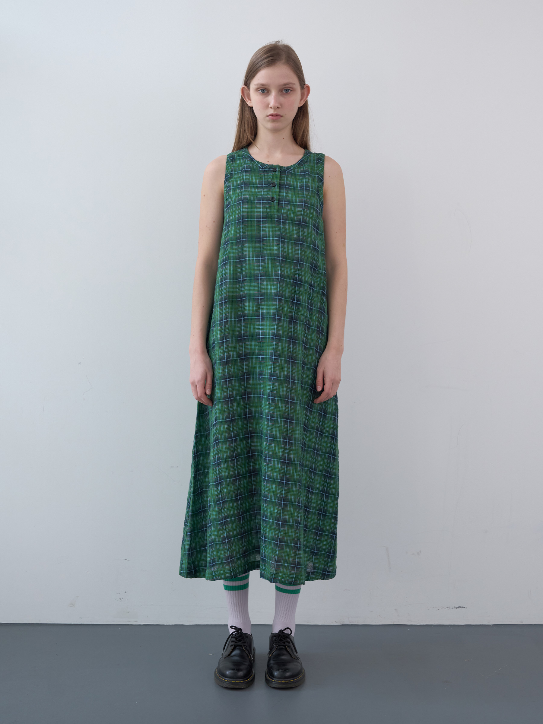 Cotton Tartan Checked Long Dress (Green)