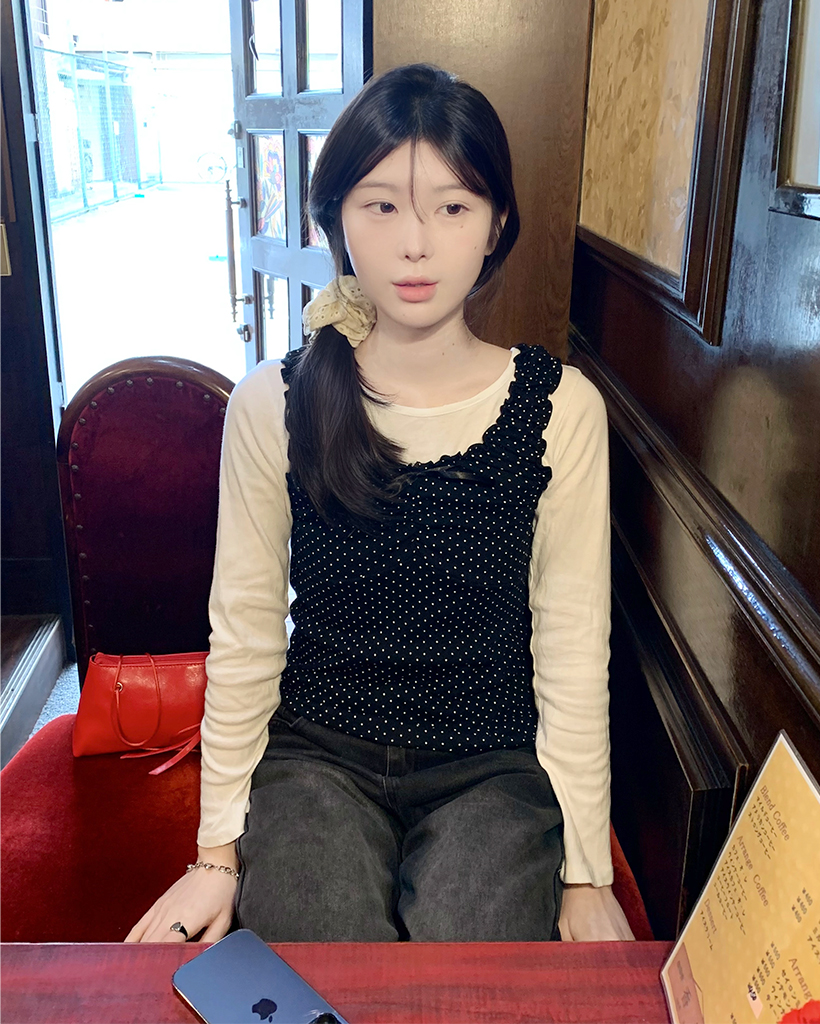 ピンドットリボンギャザーゴムタンクトップ