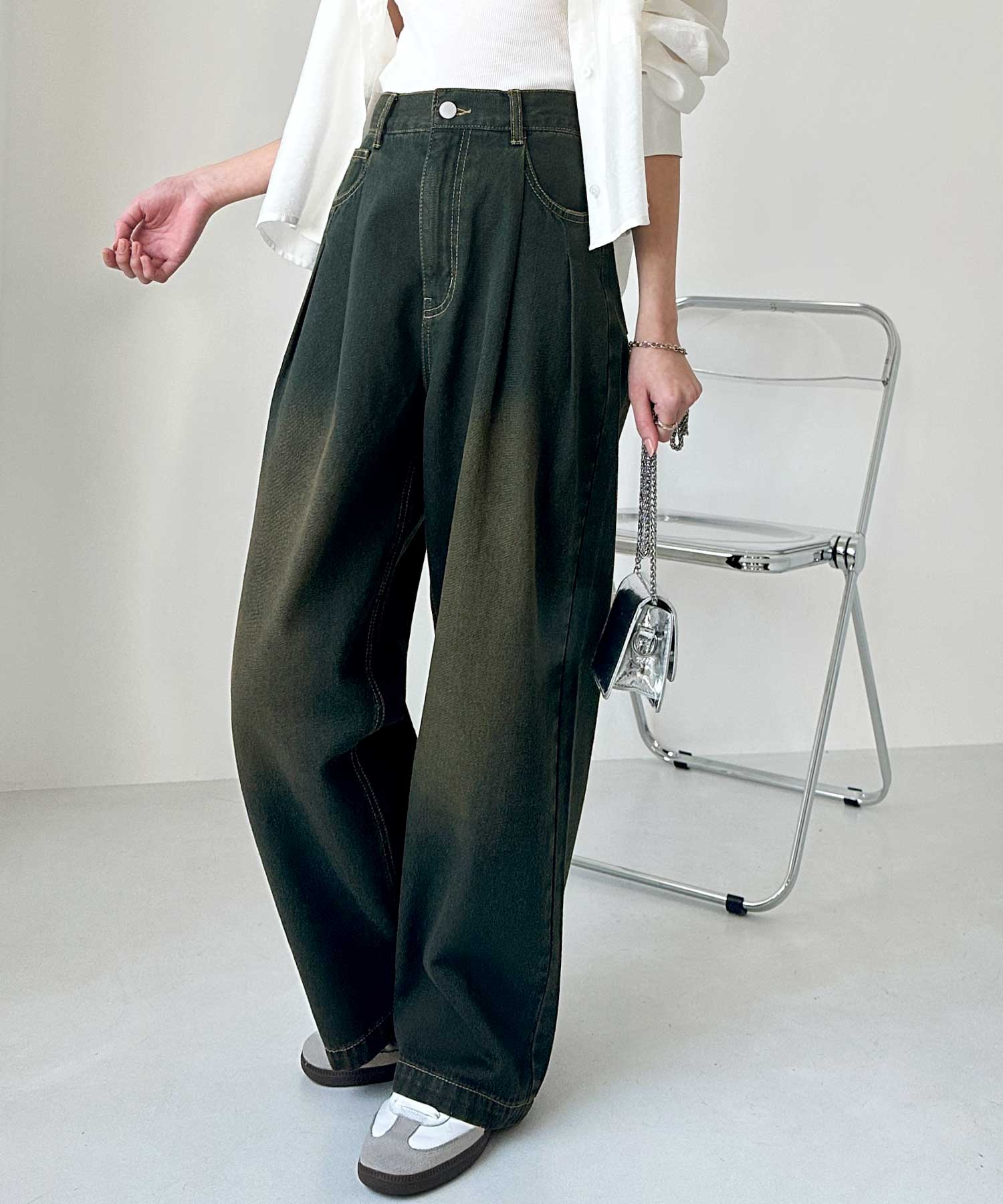 ハイウエストダブルタックワイドデニムパンツ | ファッション
