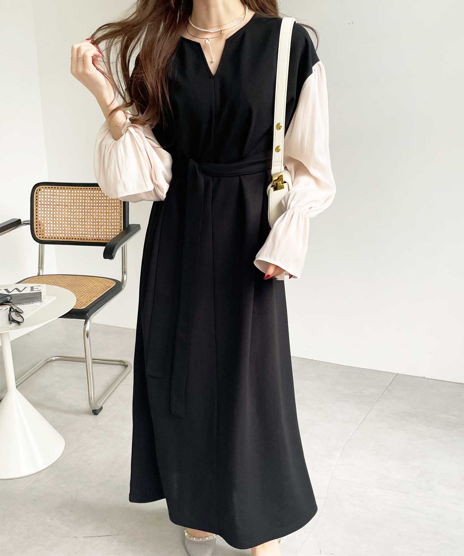 袖ドッキングキャンディースリーブキーネックワンピース