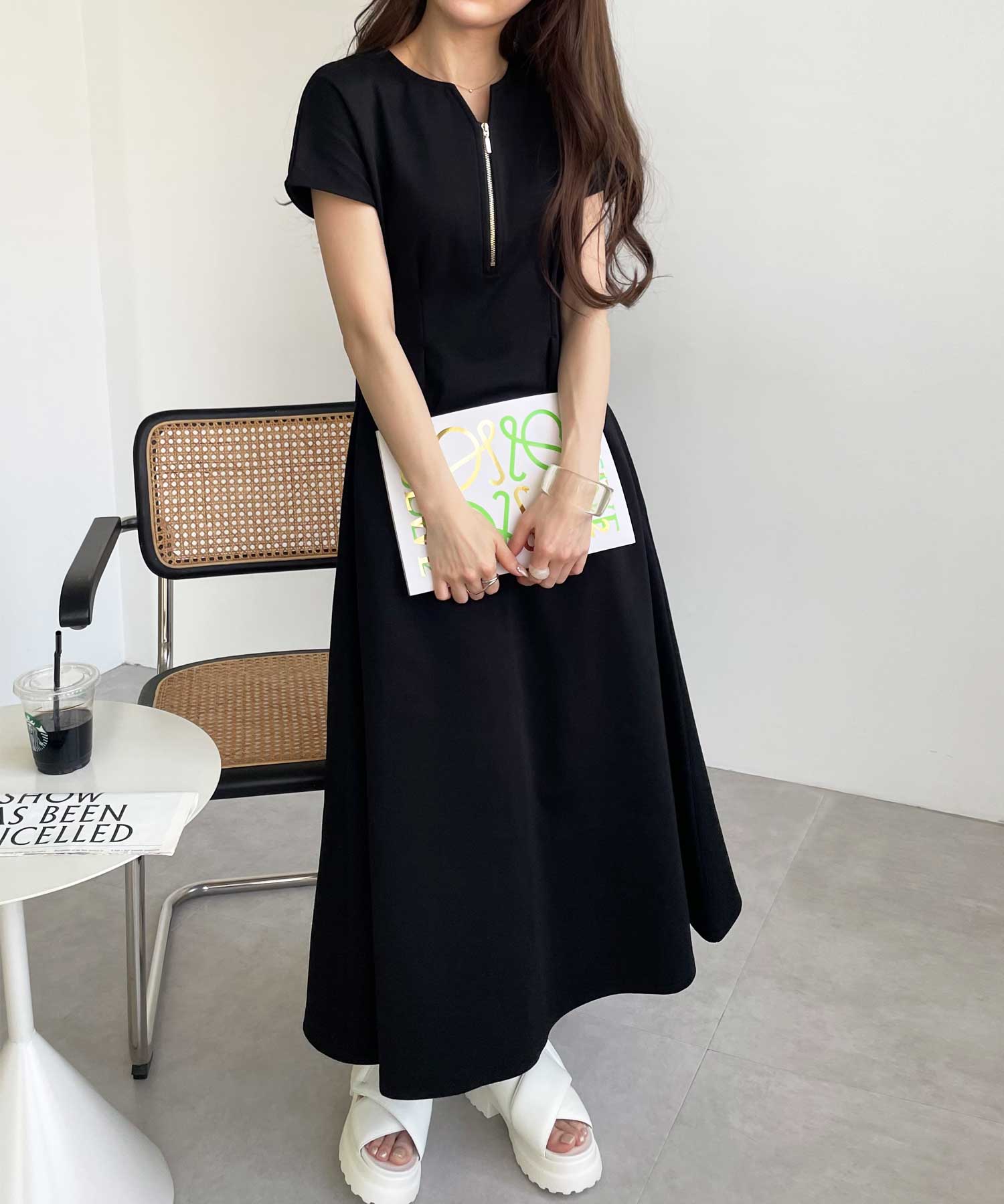 前後2WAYハーフジップキーネックフロントタックワンピース