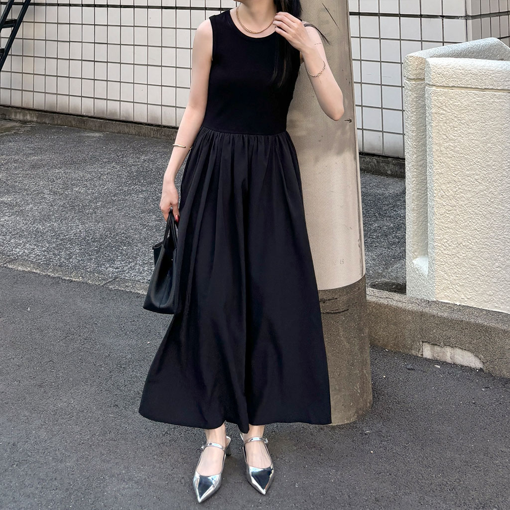フレア ノースリーブワンピース S〜2XL ウエストシェイプ フレア ノースリーブワンピース S〜2XL ウエストシェイプ