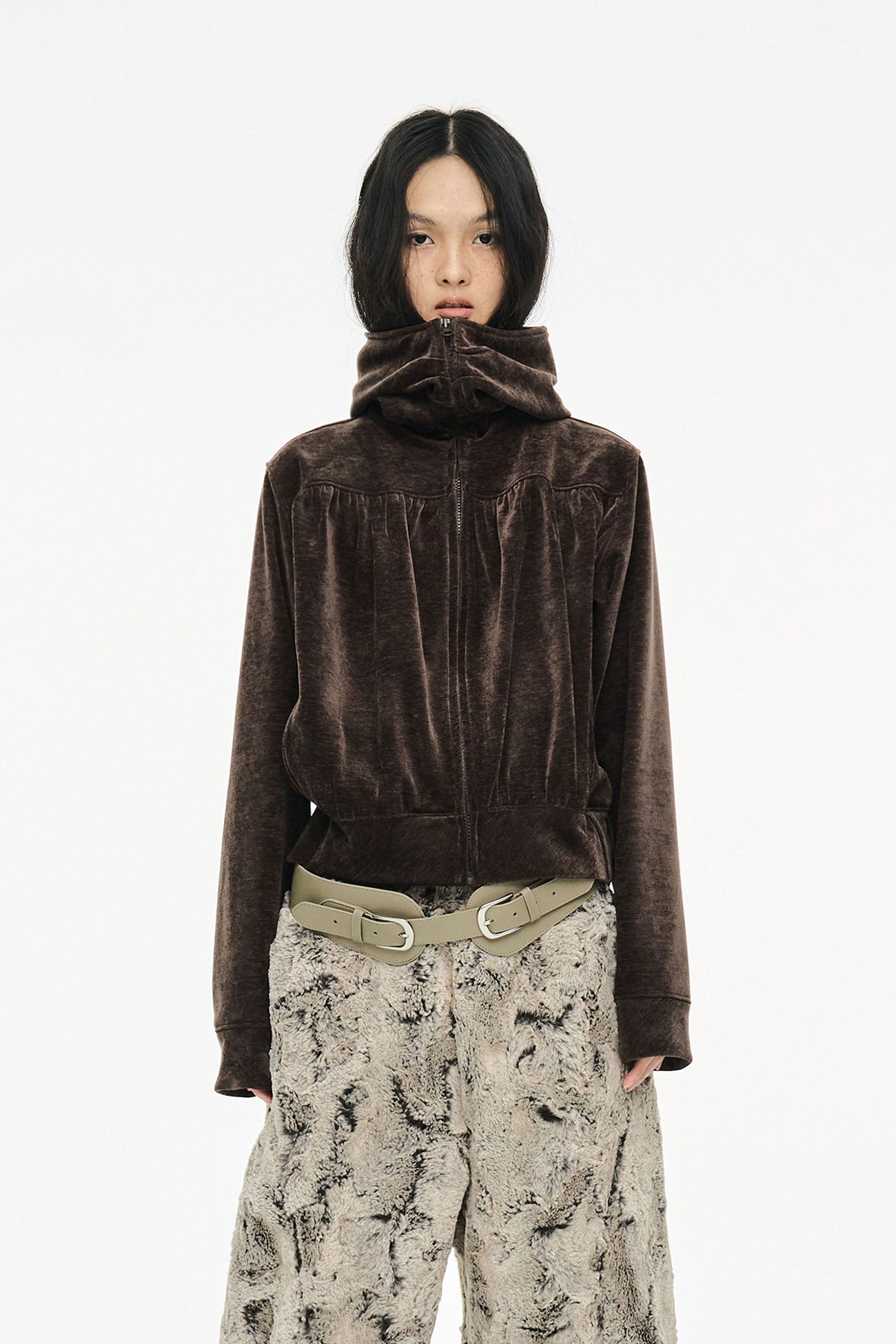 SHIRRING ZIP UP / BROWN