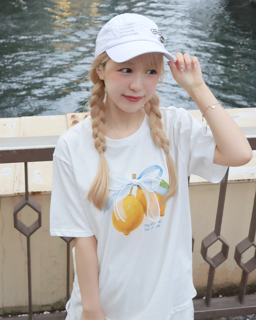 レモンプリントリボン半袖Tシャツ