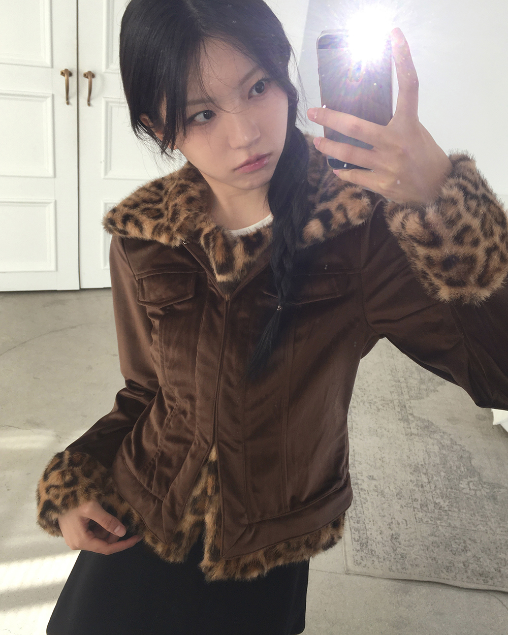 レオパードファーバイカラーコーデュロイジャケット