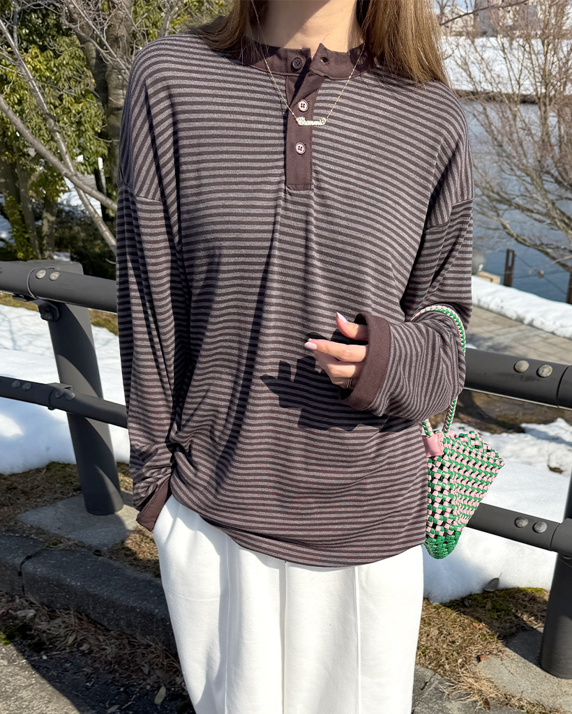 ルーズボーダーハーフオープンTシャツ