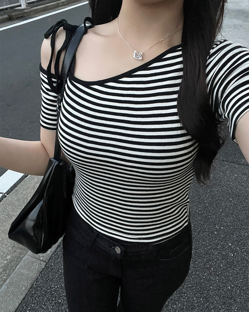 ボーダーワンショルダー半袖Tシャツ