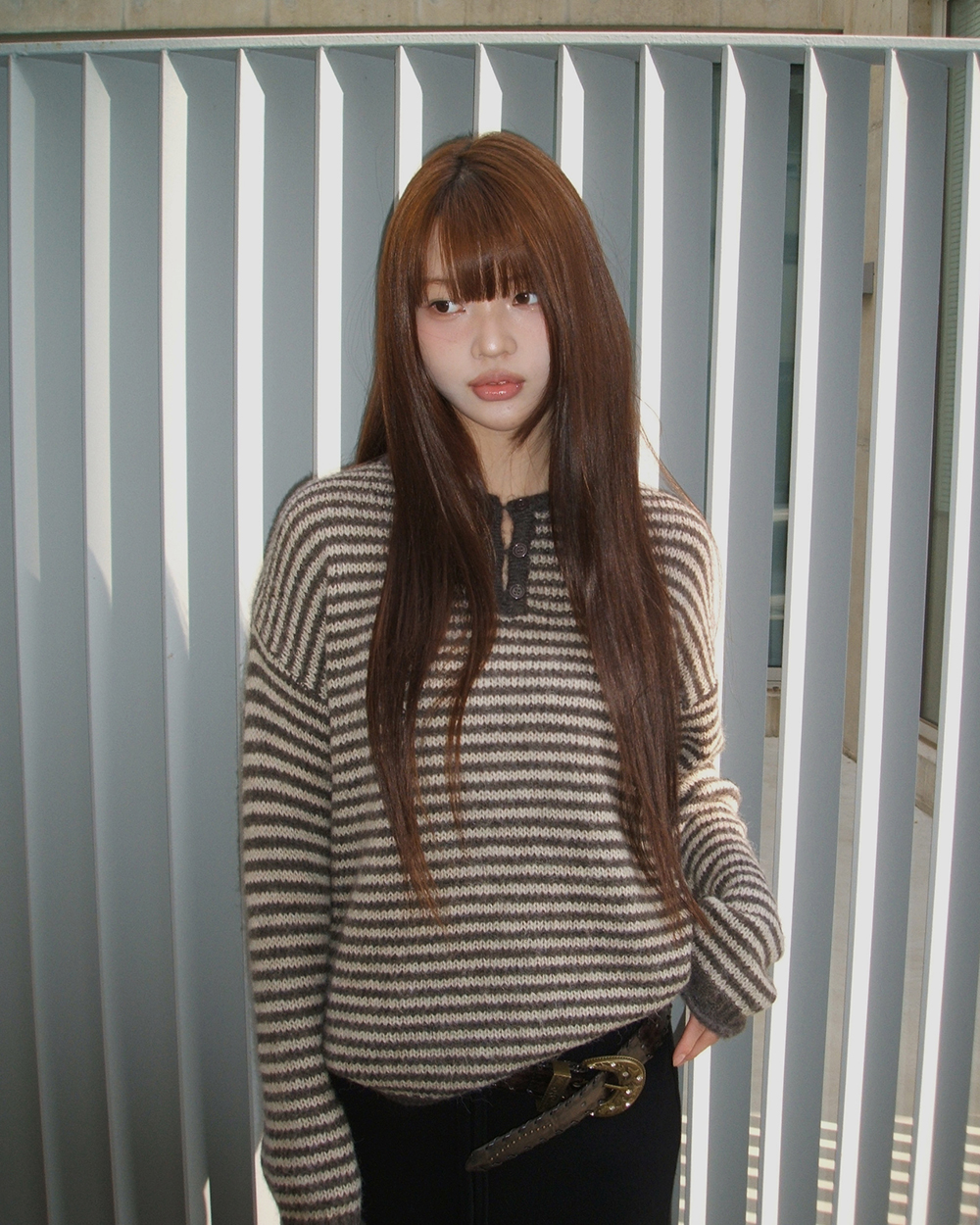 ボーダーハイネックボタンニット