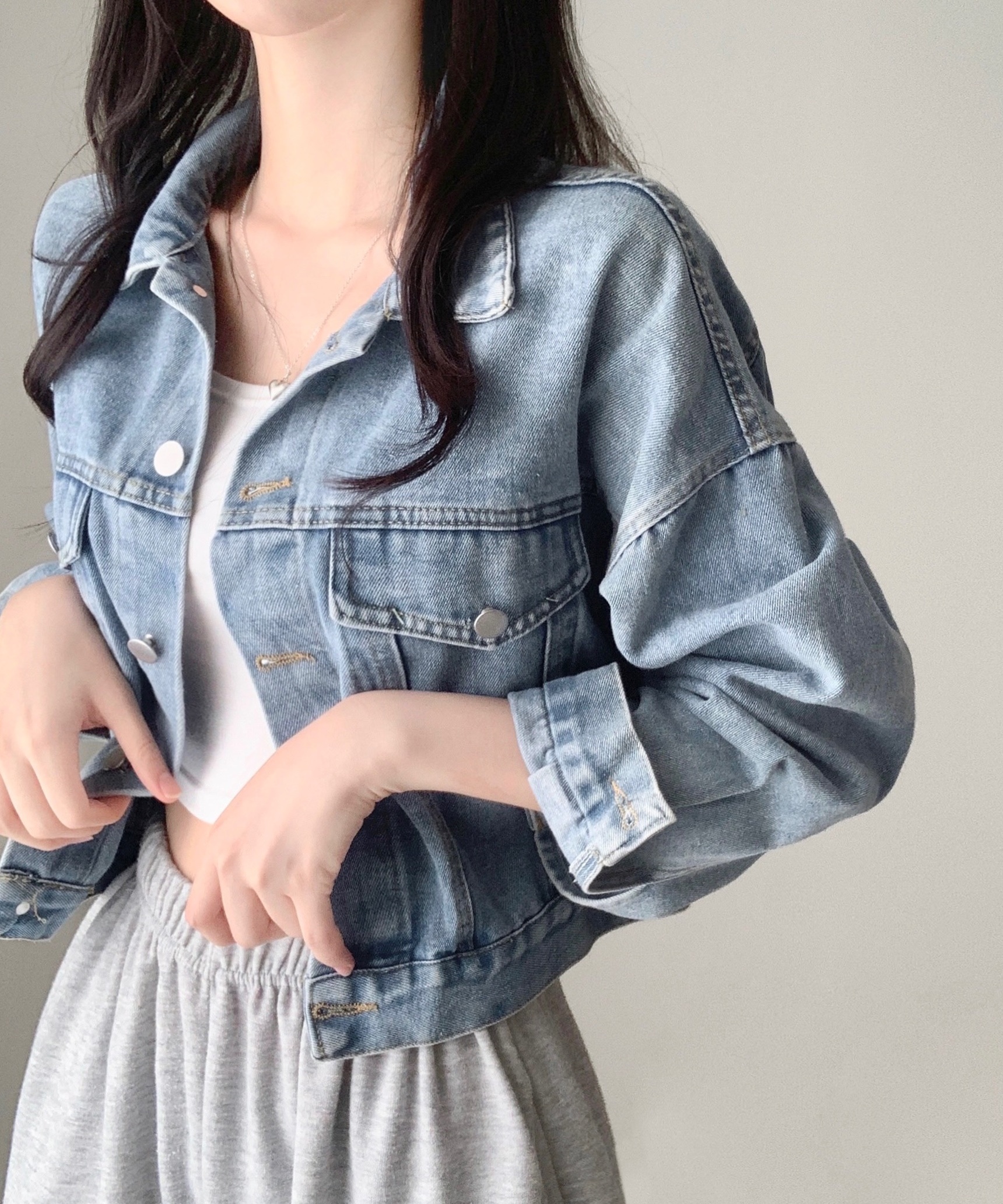 ヴィンテージオーバーサイズポケットクロップド長袖デニムジャケット