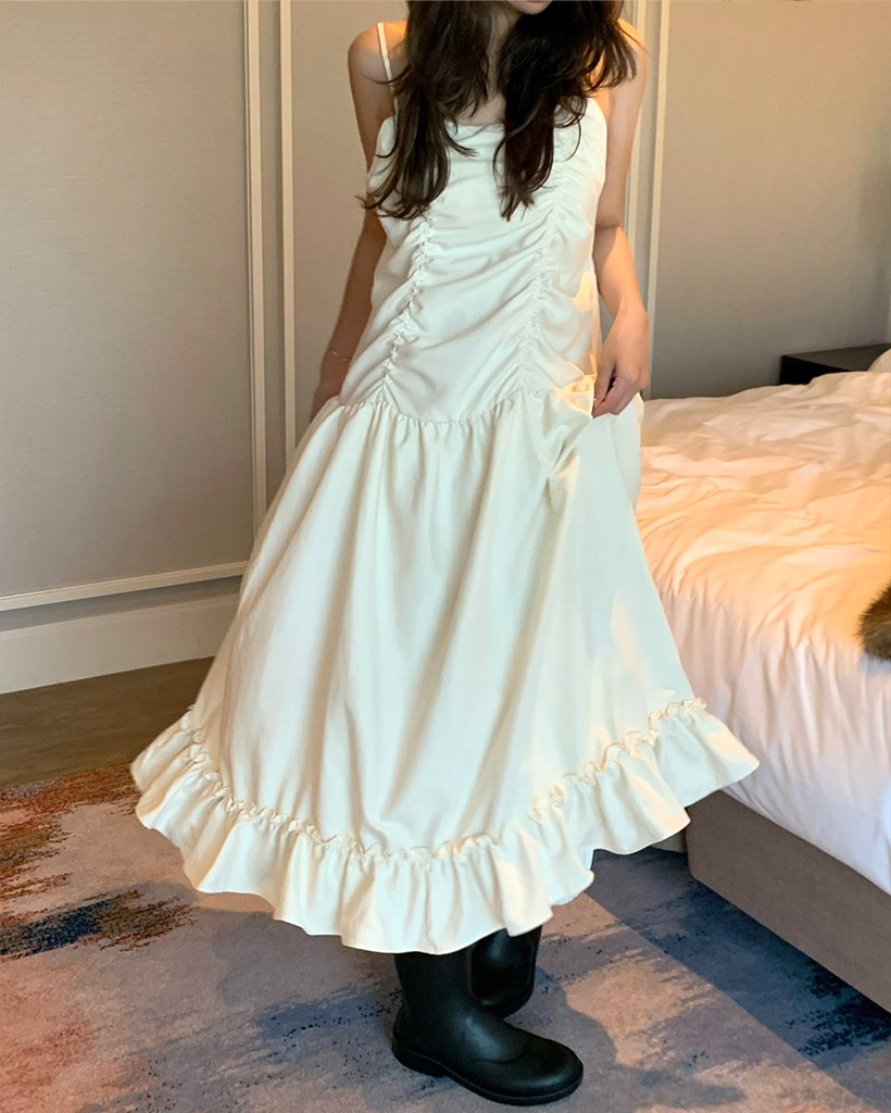 ギャザーノースリーブロングワンピース