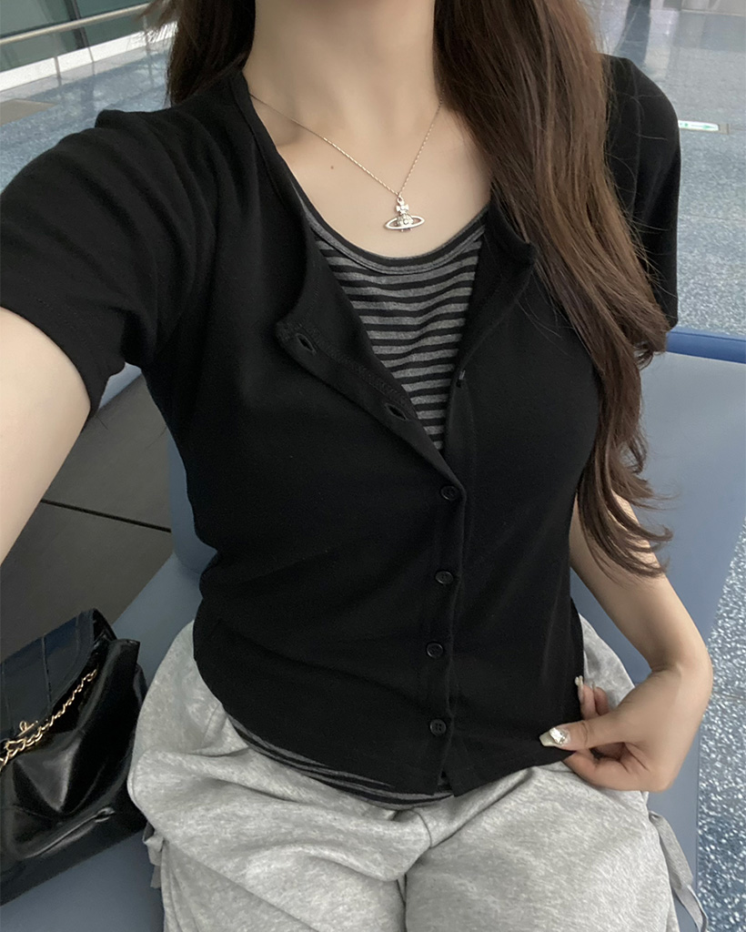 ボーダーレイヤード半袖カーディガン