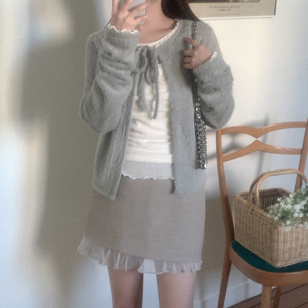 リボン付きファーカーディガン