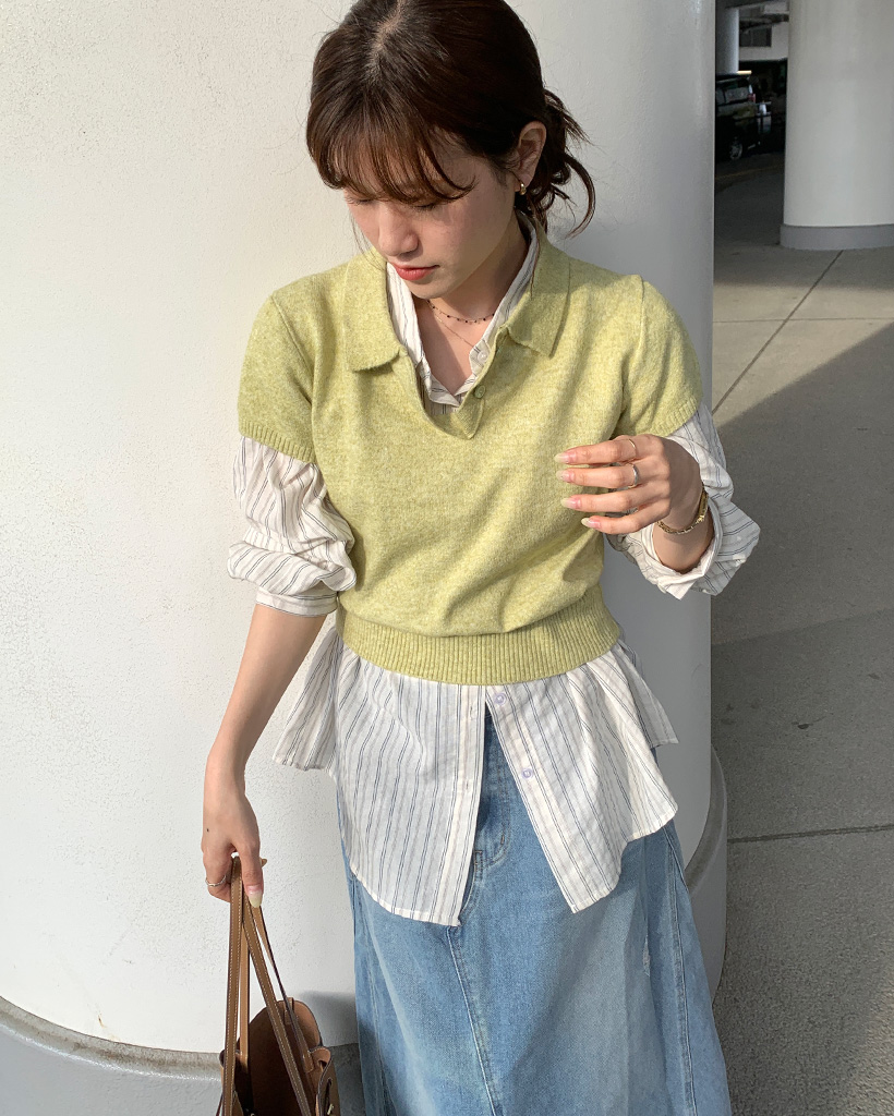 ボタンカラーニットポロトップス