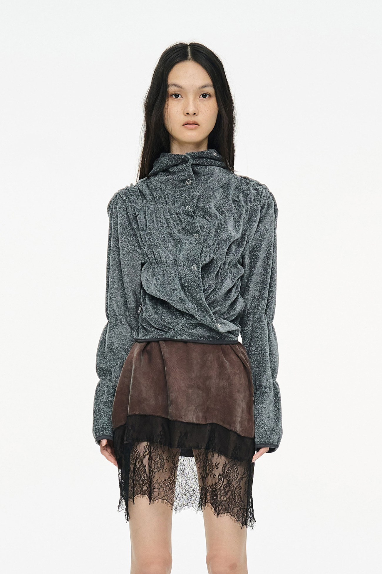 FLUFFY WRAP HOOD CARDIGAN / CHARCOAL