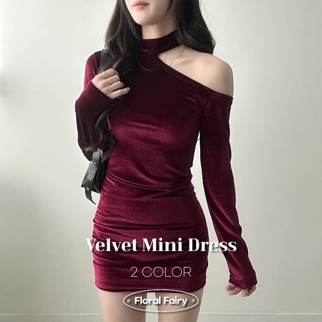 オフショルベルベットミニドレス