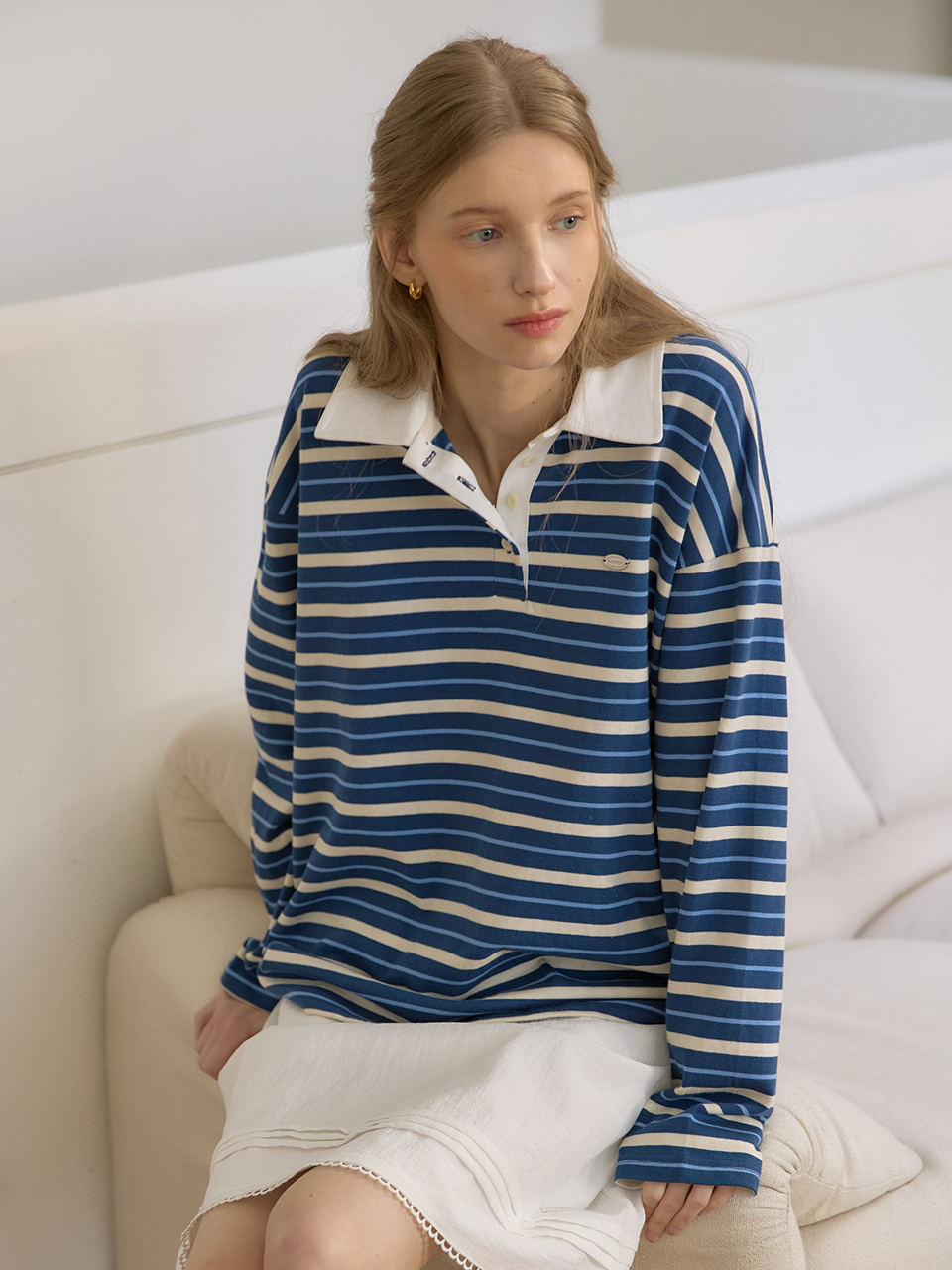 Riley Stripe Collar T-shirt - Navy