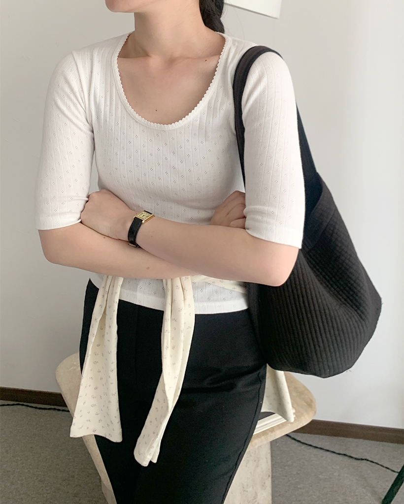 オーバルネックポワンテルクロップドスリーブTシャツ