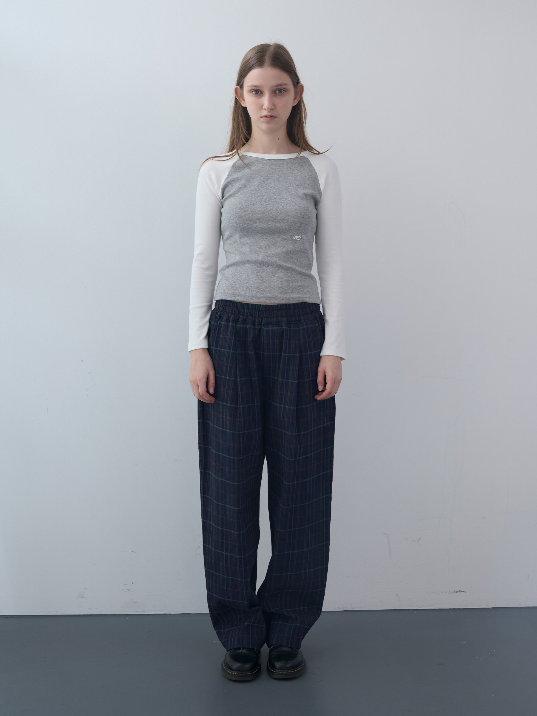 Seersucker Checked Wide Banding Pants (Navy)