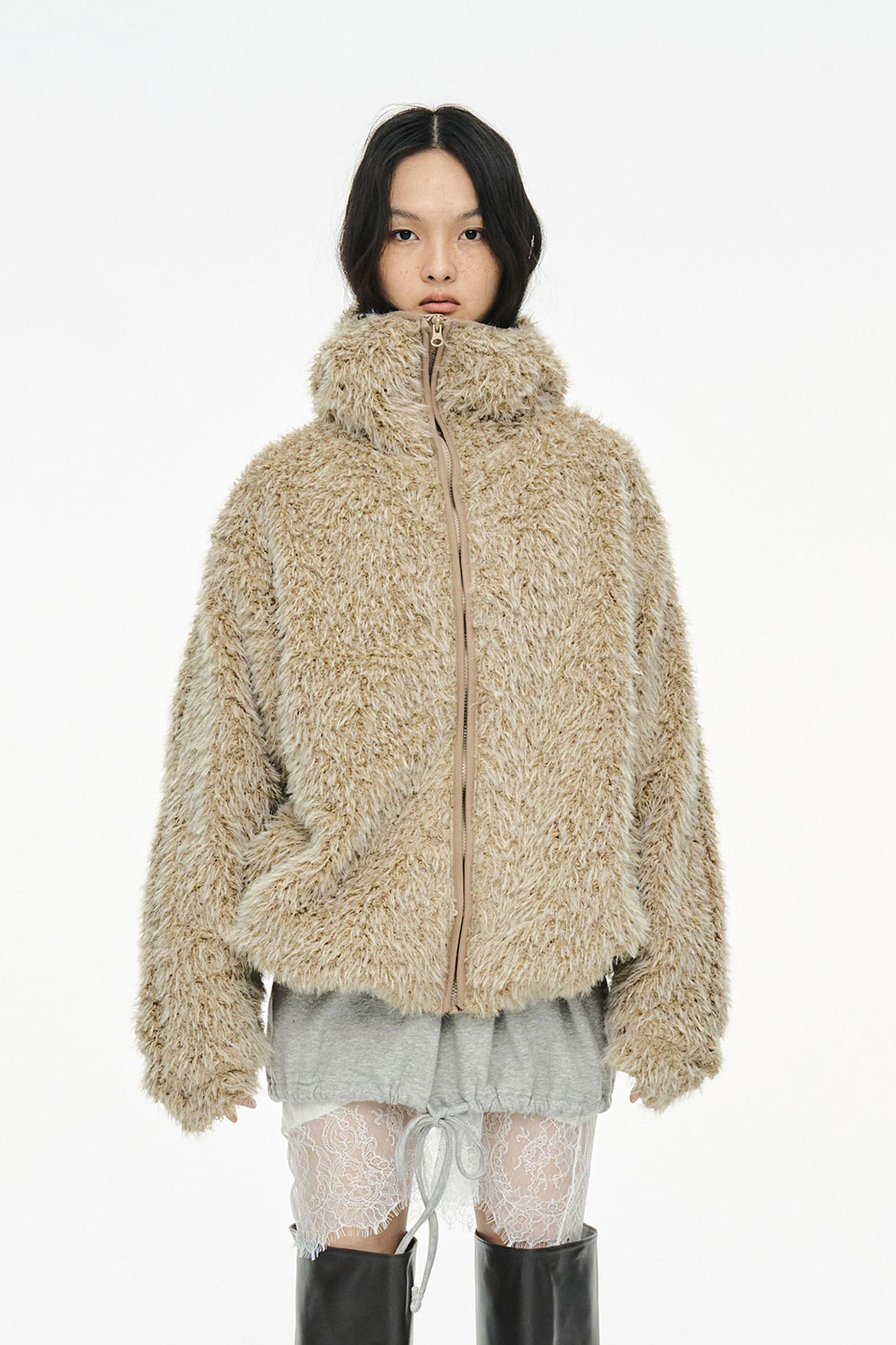 HAIRY BALACLAVA ZIP UP / BEIGE