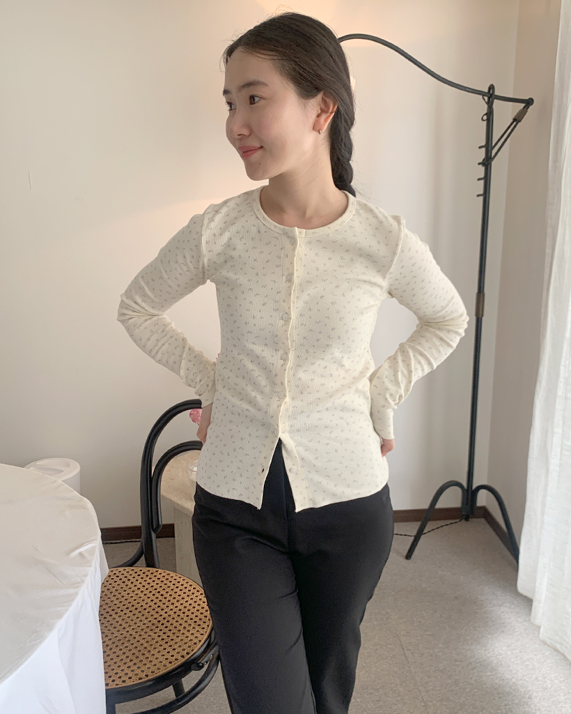 フラワーパターンリブカーディガン