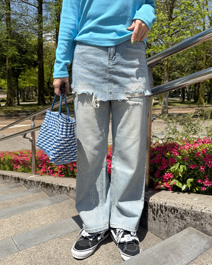 カットオフミニスカートレイヤードデニムパンツ