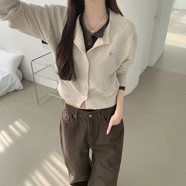 ウールネックレス付きバイカラーレイヤードカーディガン