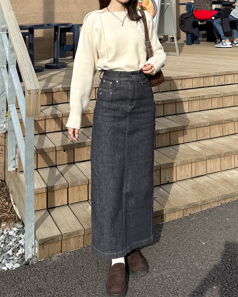 ステッチロングデニムスカート