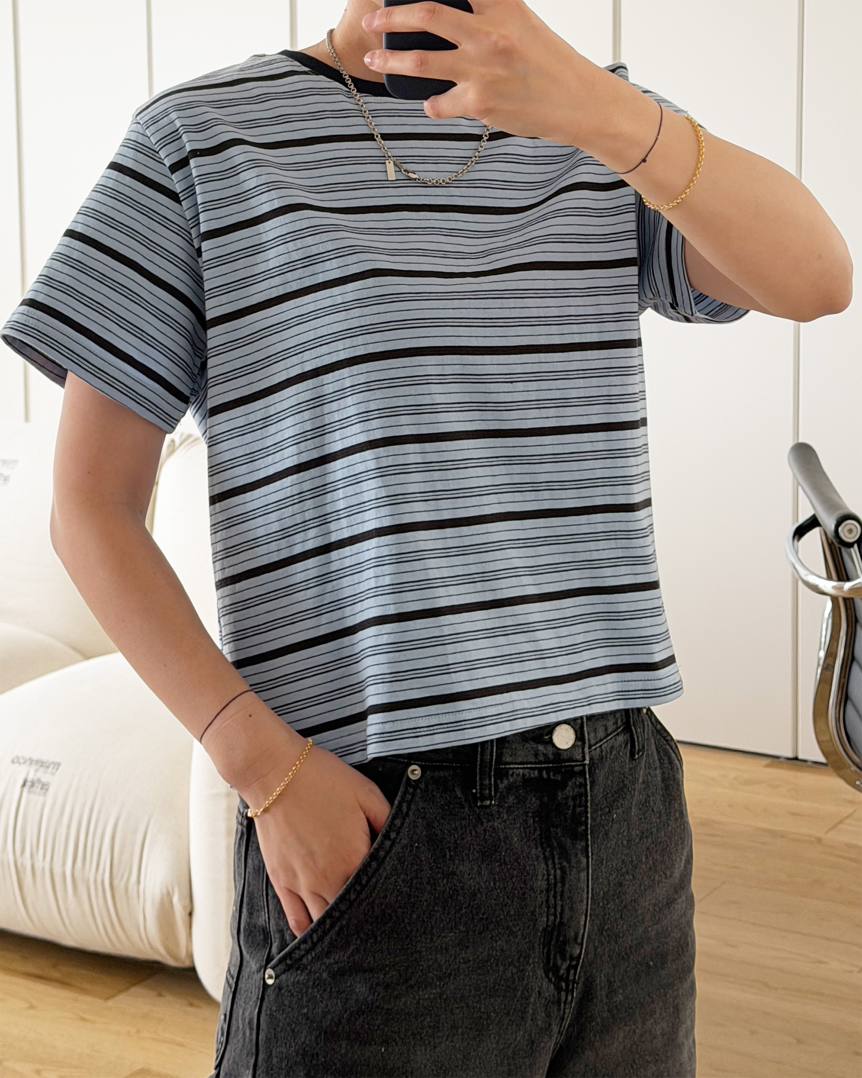 セミクロップドボーダー半袖Tシャツ