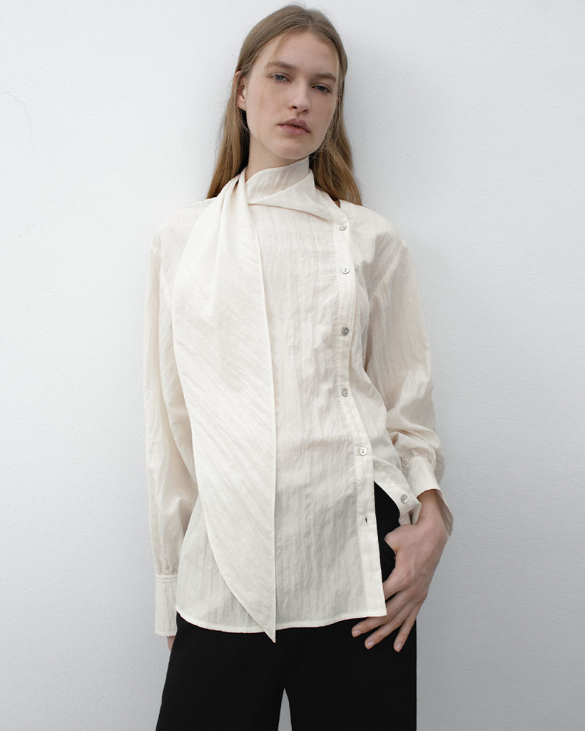 (BL-4355)PARCO NATURAL TEXTURE TIE BLOUSE